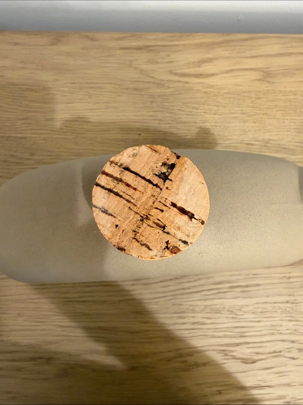 Modern Donut-Shaped Ceramic Vase in Matte Taupe With Cork & Spout